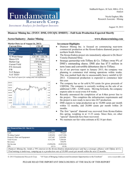 (TSXV: DMI, OTCQX: DMIFF) – Full Scale Production Expected Shortly