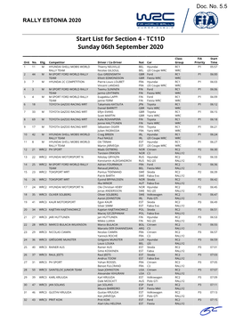 Start List for Section 4 - TC11D Sunday 06Th September 2020