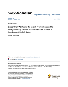 Extraordinary Ability and the English Premier League: the Immigration, Adjudication, and Place of Alien Athletes in American and English Society