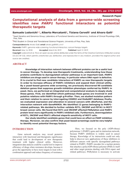 Computational Analysis of Data from a Genome-Wide Screening Identifies New PARP1 Functional Interactors As Potential Therapeutic Targets