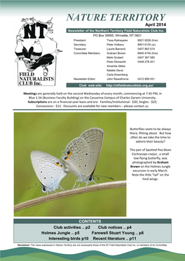NATURE TERRITORY April 2014 Newsletter of the Northern Territory Field Naturalists Club Inc