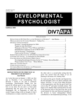 DIV7 Newsletter Fall/Winter 2004 DEVELOPMENTAL PSYCHOLOGIST