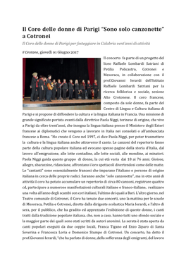 Il Coro Delle Donne Di Parigi “Sono Solo Canzonette” a Cotronei Il Coro Delle Donne Di Parigi Per Festeggiare in Calabria Vent’Anni Di Attività