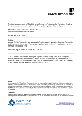 Disability and Memory in Posthuman(Ist) Narrative: Reading Prosthesis and Amnesia in Hollywood's Re-Membering of the 'War On