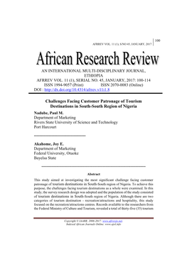 Challenges Facing Customer Patronage of Tourism Destinations in South-South Region of Nigeria Nadube, Paul M