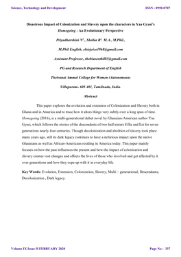 Disastrous Impact of Colonization and Slavery Upon the Characters in Yaa Gyasi’S Homegoing : an Evolutionary Perspective