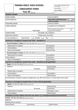 TIMARU GIRLS' HIGH SCHOOL ENROLMENT FORM Year 20 ___