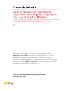 Analiza Obowiązujących Planów Zagospodarowania Przestrzennego W Strefie Podmiejskiej Olsztyna