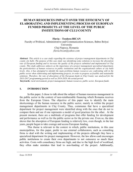 Human Resources Impact Over the Efficiency of Elaborating and Implementing Process of European Funded Projects at the Level of the Public Institutions of Cluj County