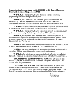 A Resolution to Allocate and Appropriate $2,600,000 in City Council Community Grant Funds to Nonprofit Agencies for FY22 WHEREAS