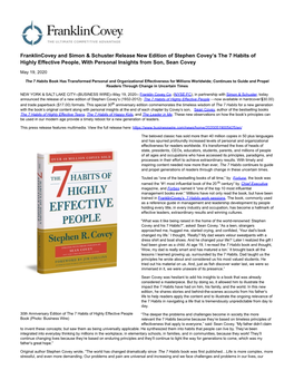 Franklincovey and Simon & Schuster Release New Edition of Stephen Covey's the 7 Habits of Highly Effective People, with Pe
