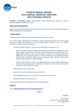 Fairfax Media Limited 2016 Annual General Meeting and Trading Update