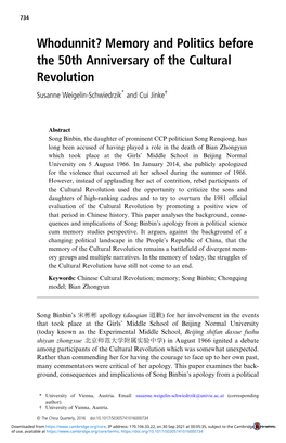 Whodunnit? Memory and Politics Before the 50Th Anniversary of the Cultural Revolution Susanne Weigelin-Schwiedrzik* and Cui Jinke†