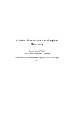 A Defence of Predicativism As a Philosophy of Mathematics