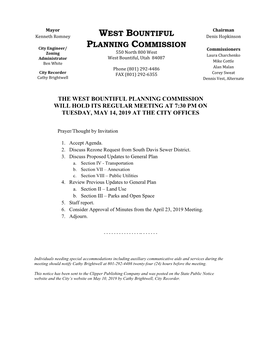 West Bountiful Planning Commission Will Hold Its Regular Meeting at 7:30 Pm on Tuesday, May 14, 2019 at the City Offices