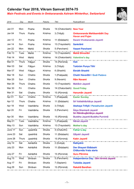 Calendar Year 2018, Vikram Samvat 2074-75 Main Festivals and Events in Omkarananda Ashram Winterthur, Switzerland