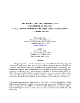 The Alternative Vote and Coombs Rule Versus First-Past-The-Post: a Social Choice Analysis of Simulated Data Based on English Elections, 1992-2010