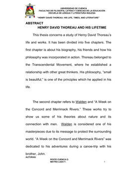 Henry David Thoreau: His Life, Times, and Literature” Abstract Henry David Thoreau and His Lifetime