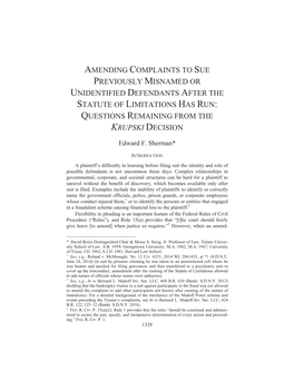 Amending Complaints to Sue Previously Misnamed Or Unidentified Defendants After the Statute of Limitations Has Run: Questions Remaining from the Krupski Decision