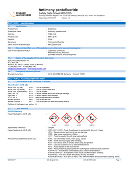 Antimony Pentafluoride Safety Data Sheet M051205 According to Federal Register / Vol