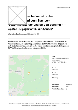 Ritterstein „Hier Befand Sich Das Landgericht Auf Dem Stampe – Gerichtsstätte Der Grafen Von Leiningen – Später Rügegericht Neun Stühle“