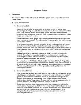 1 Consumer Choice I. Definitions the Purpose of This Section Is to Carefully Define the Specific Terms Used in the Consumer Choi