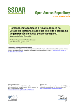 Homenagem Toponímica a Nina Rodrigues No Estado Do Maranhão: Apologia Implícita À Crença Na Degenerescência Étnica Pela Mestiçagem? Nascimento Neto, Reginaldo