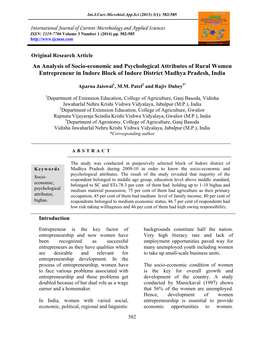 An Analysis of Socio-Economic and Psychological Attributes of Rural Women Entrepreneur in Indore Block of Indore District Madhya Pradesh, India