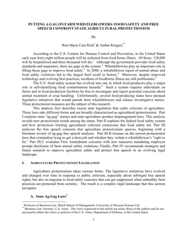 Putting a Gag on Farm Whistleblowers: Food Safety and Free Speech Confront State Agricultural Protectionism