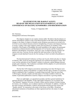 Statement by Mr. Rakhat Aliyev, Head of the Delegation of Kazakhstan, at the Conference on Racism, Xenophobia and Discrimination