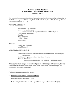 MINUTES of the MEETING COMMISSION on CHICAGO LANDMARKS December 4, 2014