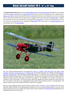 Royal Aircraft Factory SE-5 47” Or 70” Plan