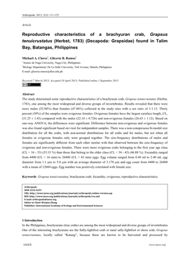 Reproductive Characteristics of a Brachyuran Crab, Grapsus Tenuicrustatus (Herbst, 1783) (Decapoda: Grapsidae) Found in Talim Bay, Batangas, Philippines