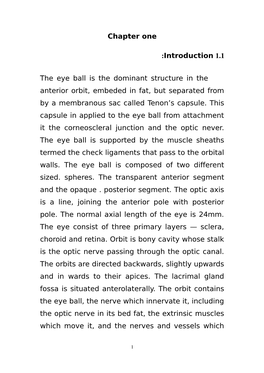 Chapter One 1.1 Introduction : the Eye Ball Is the Dominant Structure in The