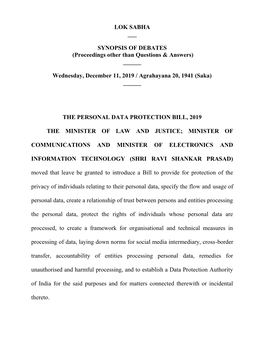 LOK SABHA ___ SYNOPSIS of DEBATES (Proceedings Other Than