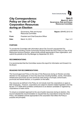 Item 9 March 27, 2013 Policy on Use of City Governance, Risk and Human Corporation Resources Resources Committee During an Election