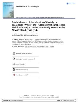 Establishment of the Identity of Costelytra Zealandica (White 1846) (Coleoptera: Scarabeidae: Melolonthinae) a Species Commonly Known As the New Zealand Grass Grub