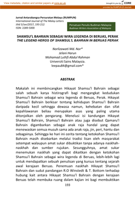 SHAMSU'l BAHRAIN SEBAGAI WIRA LEGENDA DI BERUAS, PERAK ABSTRAK Makalah Ini Membincangkan Hikayat Shamsu'l Bahrain Sebagai Sa