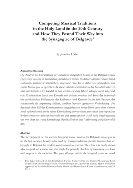 Competing Musical Traditions in the Holy Land in the 20Th Century and How They Found Their Way Into the Synagogue of Belgrade1