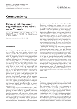 Late Quaternary Deglacial History of the Mérida Andes, Venezuela. ND