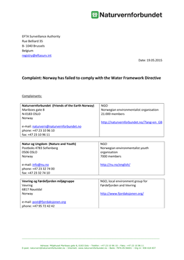 Complaint: Norway Has Failed to Comply with the Water Framework Directive