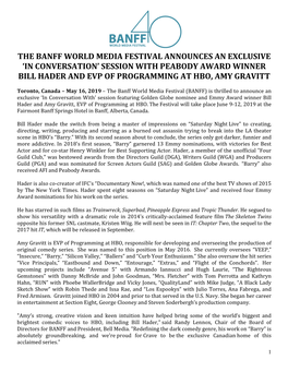 The Banff World Media Festival Announces an Exclusive ‘In Conversation’ Session with Peabody Award Winner Bill Hader and Evp of Programming at Hbo, Amy Gravitt