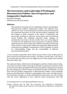 The Governance and Leadership of Prehispanic Mesoamerican Polities: New Perspectives and Comparative Implication Gary M