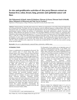 In Vitro Anti-Proliferative Activities of Aloe Perryi Flowers Extract on Human Liver, Colon, Breast, Lung, Prostate and Epithelial Cancer Cell Lines