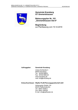 „Gremertshausen Ost II“ Begründung Zur Planfassung Vom 10.12.2019