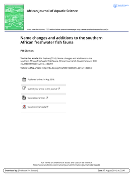 Name Changes and Additions to the Southern African Freshwater Fish Fauna