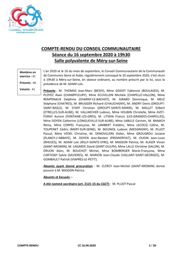 COMPTE-RENDU DU CONSEIL COMMUNAUTAIRE Séance Du 16 Septembre 2020 À 19H30 Salle Polyvalente De Méry-Sur-Seine