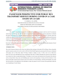 Passenger Perspective for Public Bus Transport Service During Covid-19 a Case Study on Avadi D