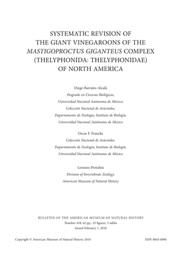 Mastigoproctus Giganteus Complex (Thelyphonida: Thelyphonidae) of North America