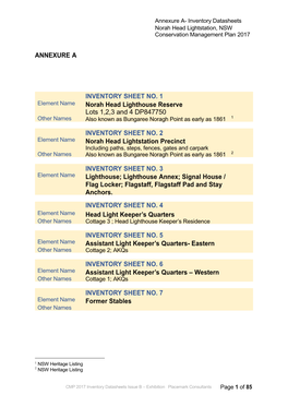 Annexure A- Inventory Datasheets Norah Head Lightstation, NSW Conservation Management Plan 2017